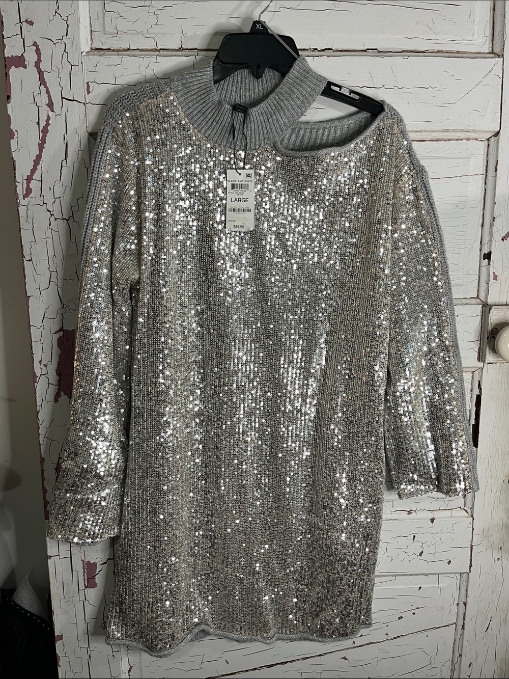 NWT INC International Concepts Silver Sequin Cold-Shoulder Sweater Dress Sz Lg